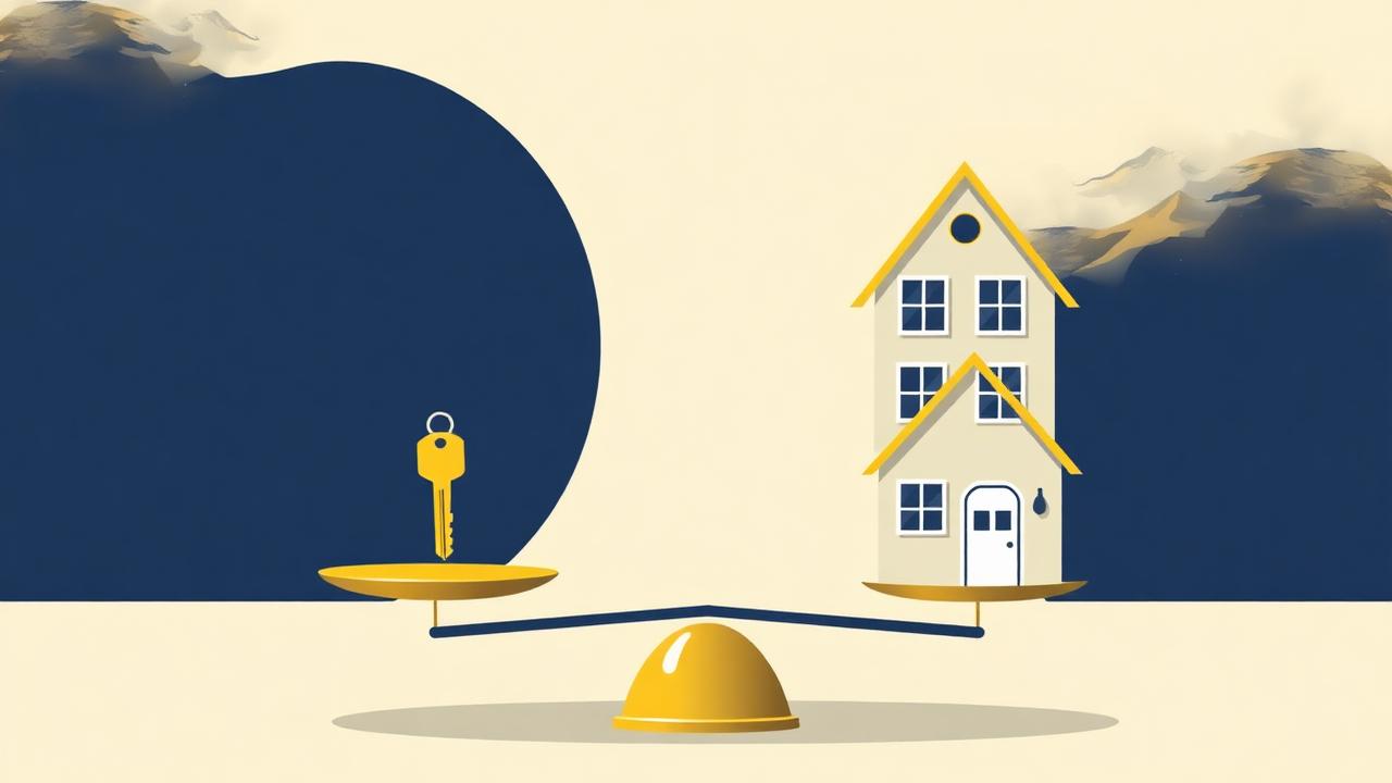 Balance scale weighing a rental key against a small house