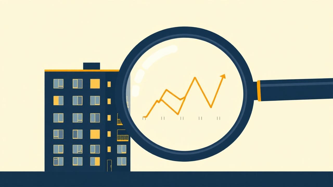 Apartment building with a magnifying glass showing a rising chart